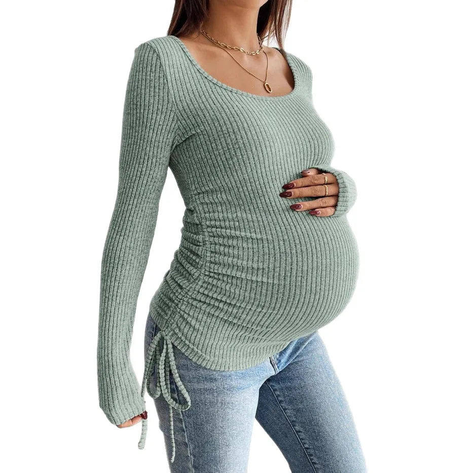 Maternity Clothes Pleated Slim-fit Pregnant Women's Knitted Sweater Clothing Dress Pregnancy Round-neck Long-sleeved T-shirt