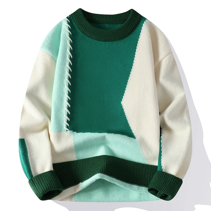 Men's Patchwork Knit Sweater – Warm Crew Neck Pullover, Korean Streetwear Style