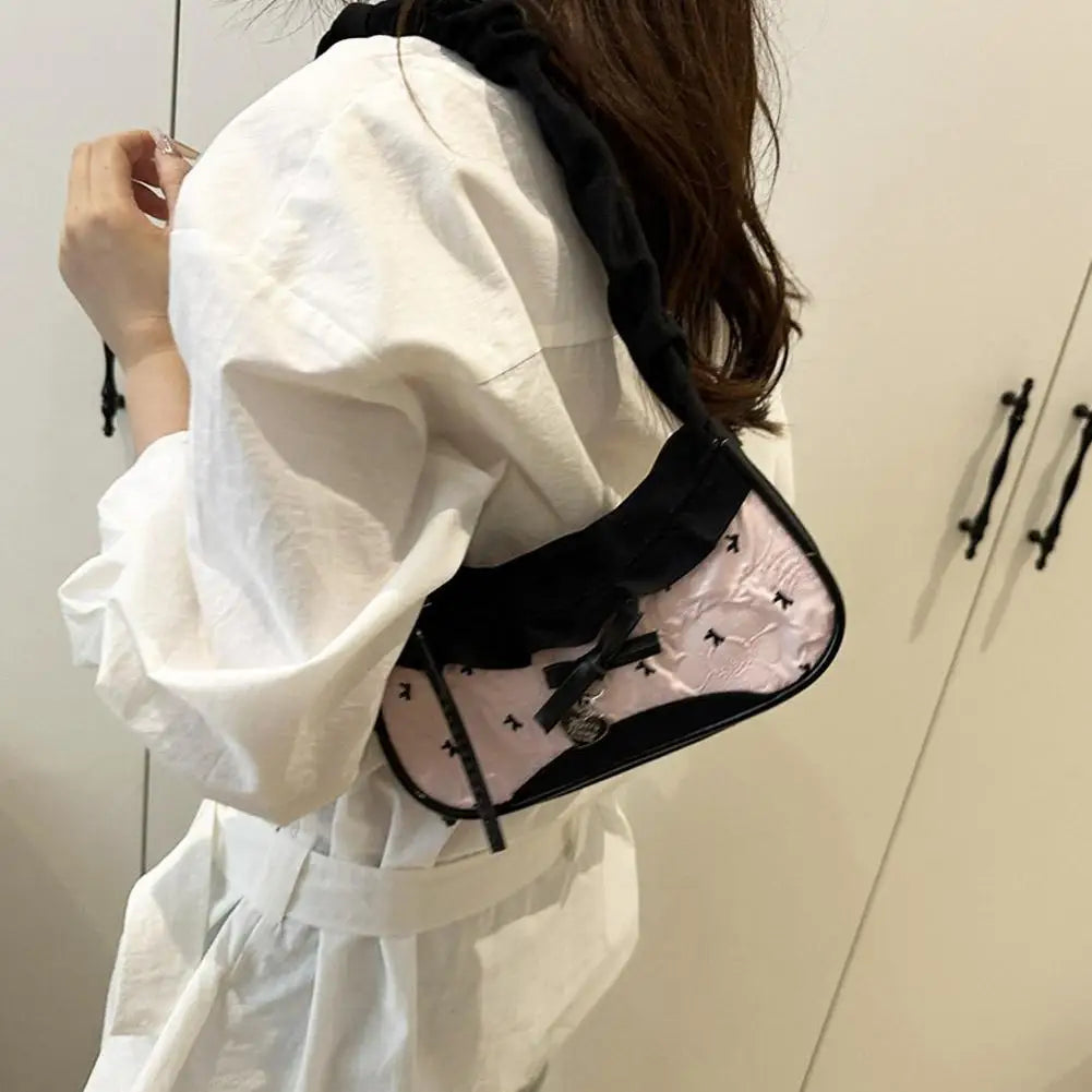 Women's Grid Shoulder Bag – Stretchable Strap Handbag with Lace Ribbon Detail