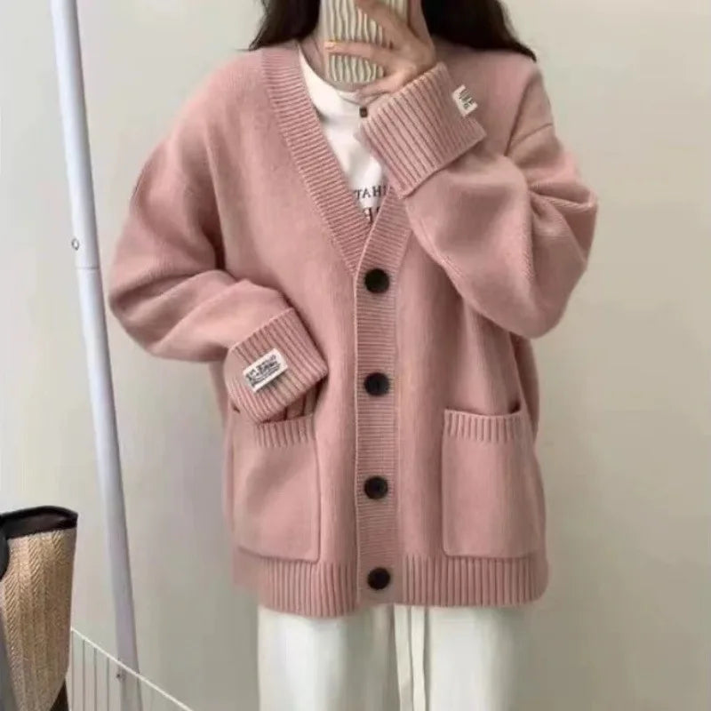 Women’s V-Neck Knit Cardigan – Loose Preppy-Style Sweater