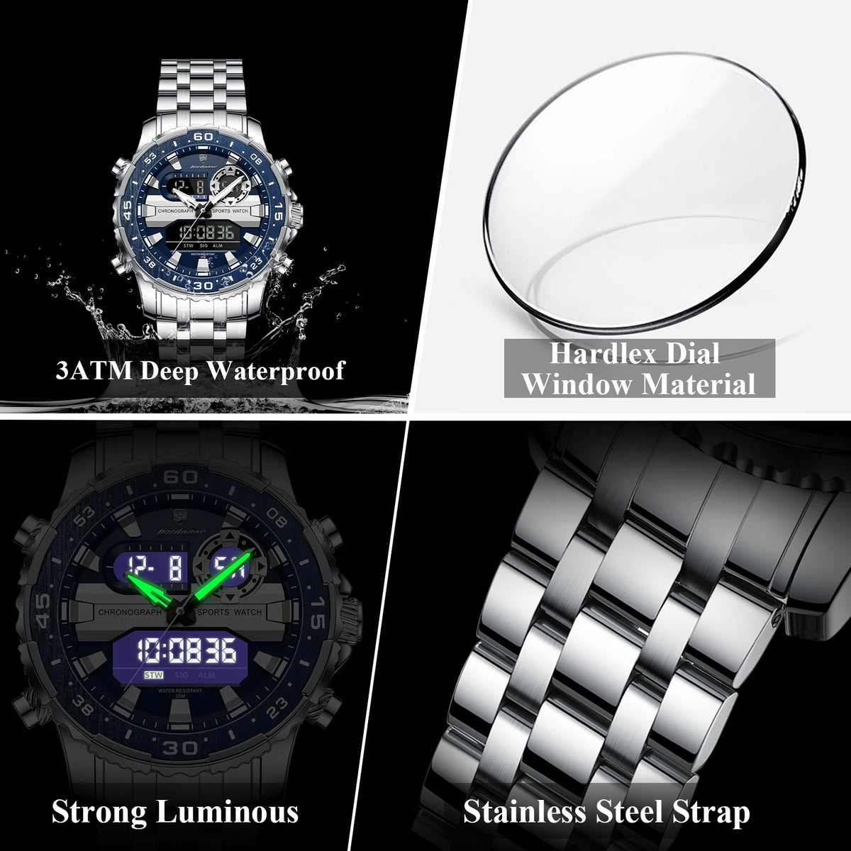 POEDAGAR Top Electronic Man Clock Week Date LED Luminous Fashion Quartz Men Watch Dual Time Digital Military Men's Watches Reloj
