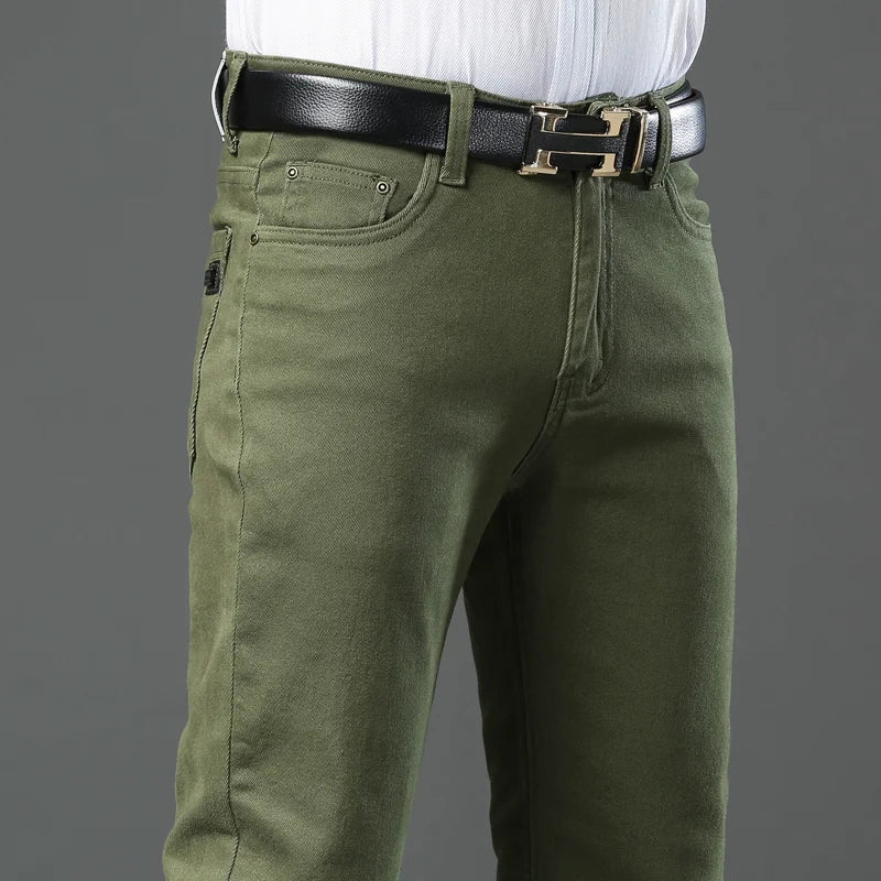 Men's Army Green Slim-Fit Stretch Jeans – 96% Cotton Straight-Leg Casual Trousers
