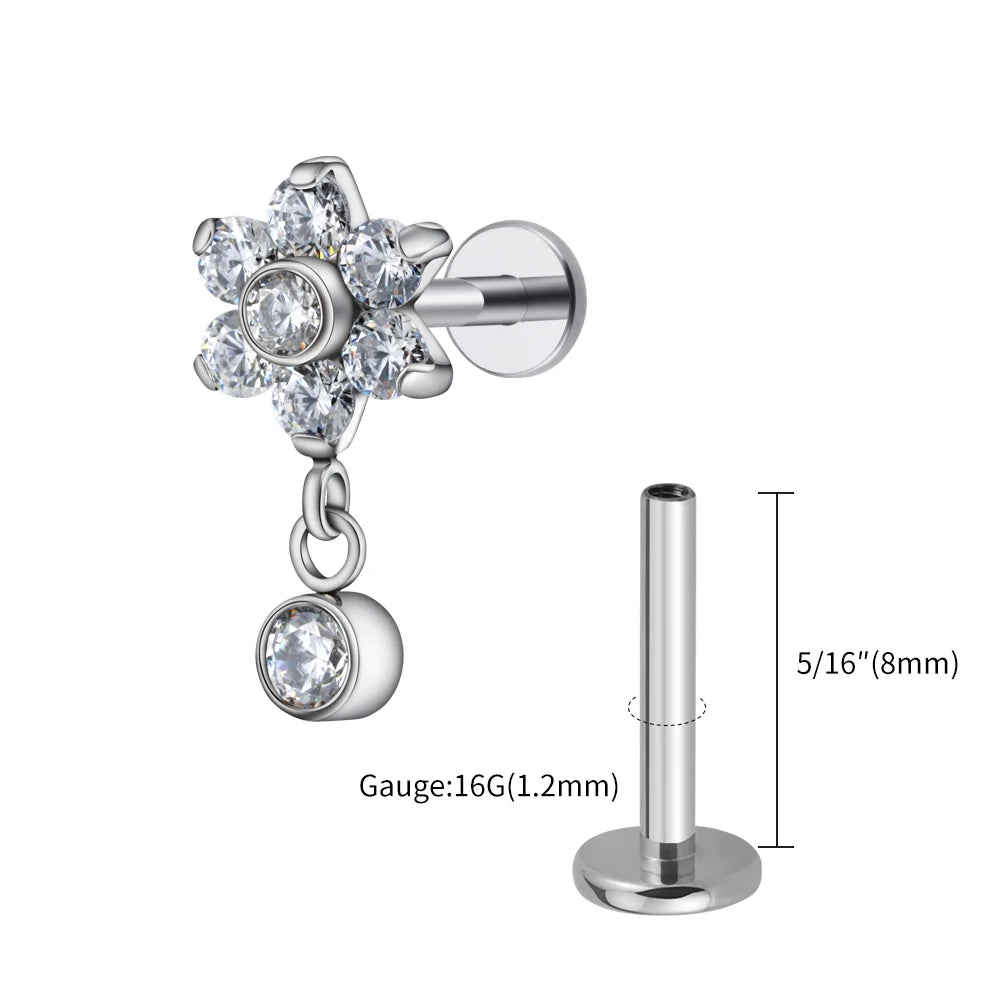16G Titanium Flower CZ Drop Labret – Dangle Flat Back Piercing Earring