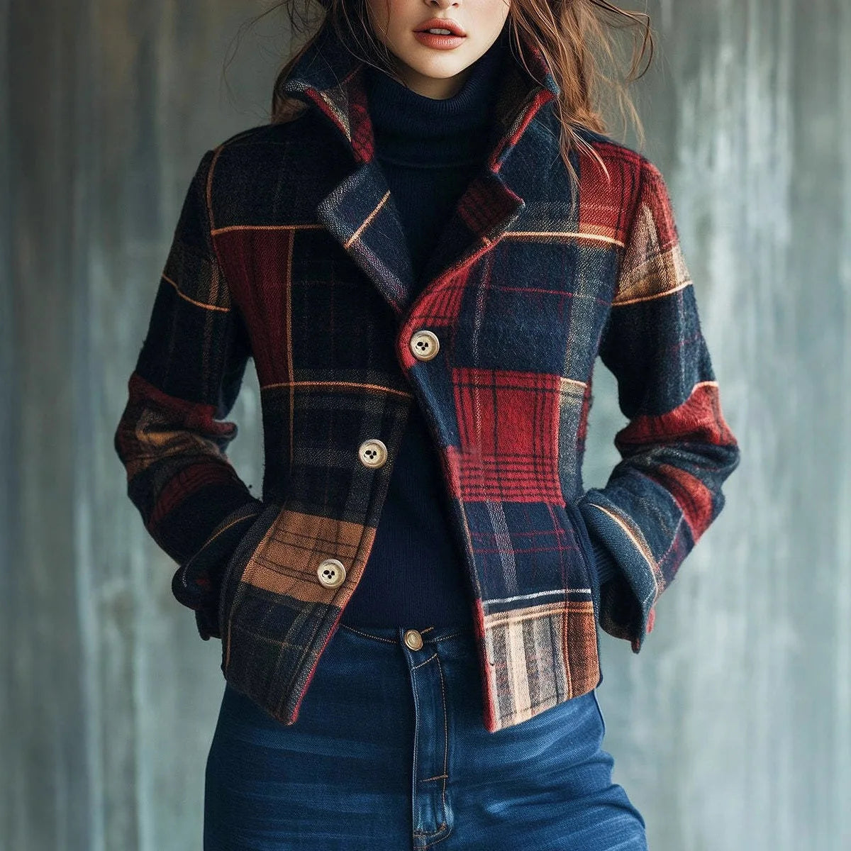 Vestes Femmes Plaid Print Women's Suit Collar Retro Warm Jacket Autumn Winter Versatile Spliced Button Suit Ropa Formal Mujer