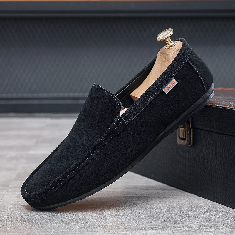 Men's Genuine Leather Handcrafted Slip-On Shoes - Breathable Comfortable Rubber Bottom Casual Formal Loafers
