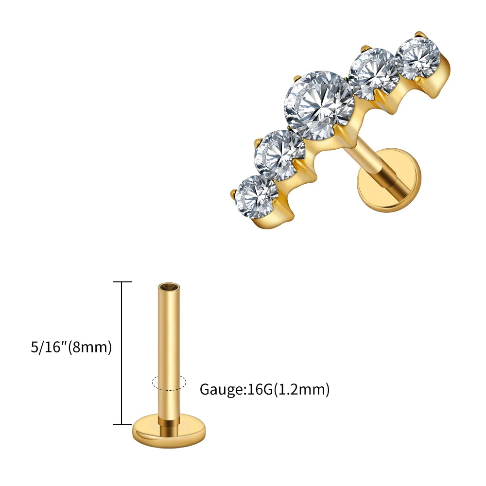 16G Titanium CZ Cluster Labret Stud – Curved Bar Flat Back Cartilage Earring