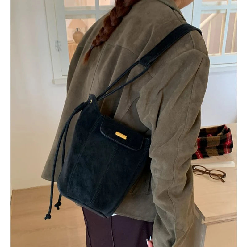Women's Casual Style Suede & Leather Bucket Shoulder Bag, Ideal for Daily Use, School Commute, Weekend Outings & Shopping