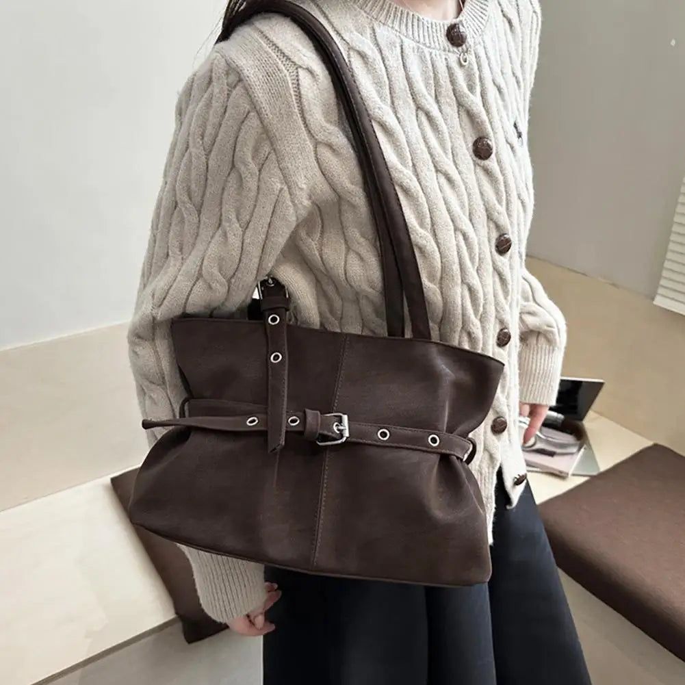 Women's Retro Suede Tote Bag – Large-Capacity Shoulder Handbag with Buckle Closure