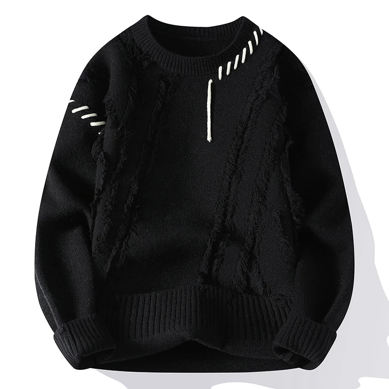 Men's Patchwork Knit Sweater – Warm Crew Neck Pullover, Korean Streetwear Style