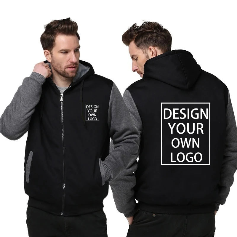 Men's Custom Logo Fleece-Lined Zip-Up Hoodie – Thick Warm Hooded Winter Jacket