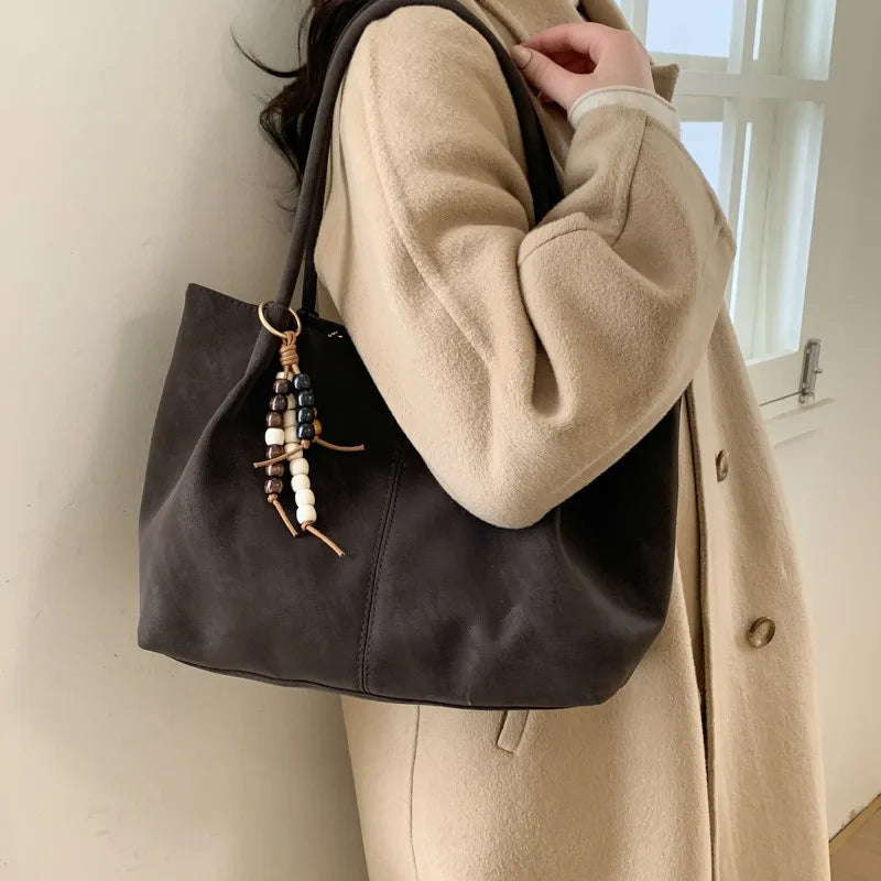 Women's Vintage Suede Tote Bag – Large-Capacity Shoulder Handbag for Work, School and Shopping