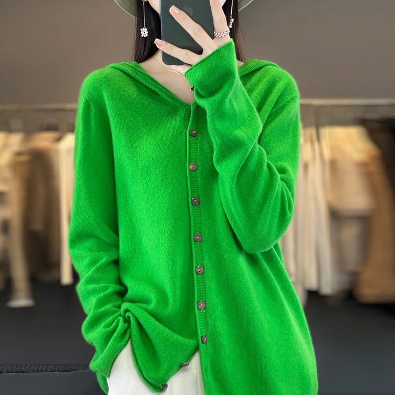 Hooded Cashmere Cardigan 100% Merino Wool Women's Hooded Sweater Cardigan Solid Color Warm Loose Knit Top