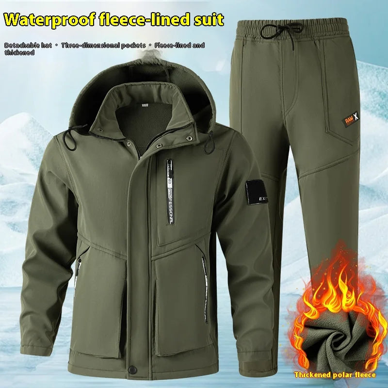 Men's Fleece-Lined Winter Workwear Suit – Thick Warm Windproof Outdoor Workwear