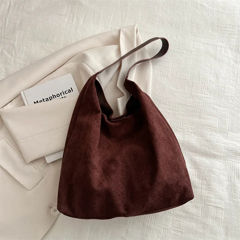 Faux Suede Women's Bag, Fashion Simple Large Capacity Korean Version Trendy Casual Shoulder Armpit Bag Pure Color Retro Tote Bag