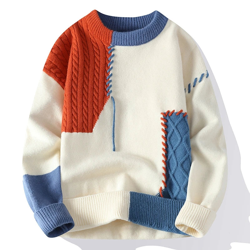 Men's Patchwork Knit Sweater – Warm Crew Neck Pullover, Korean Streetwear Style