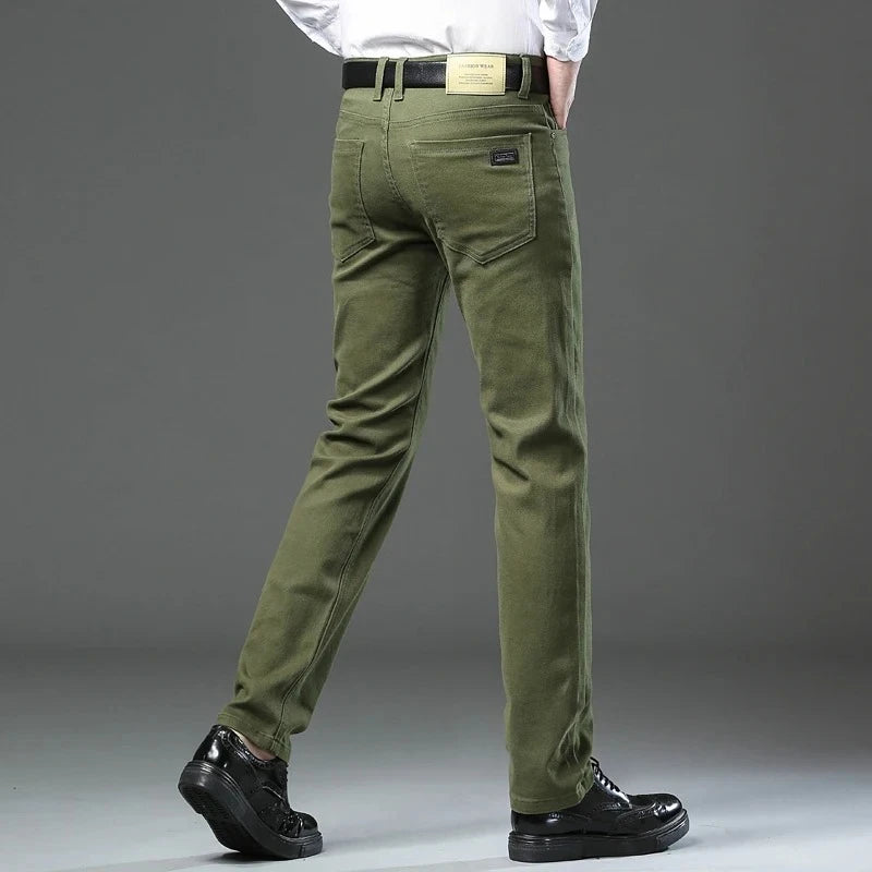 Men's Army Green Slim-Fit Stretch Jeans – 96% Cotton Straight-Leg Casual Trousers