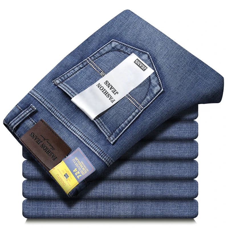Men's Retro Grey Stretch Jeans – Slim Straight-Leg Denim Trousers