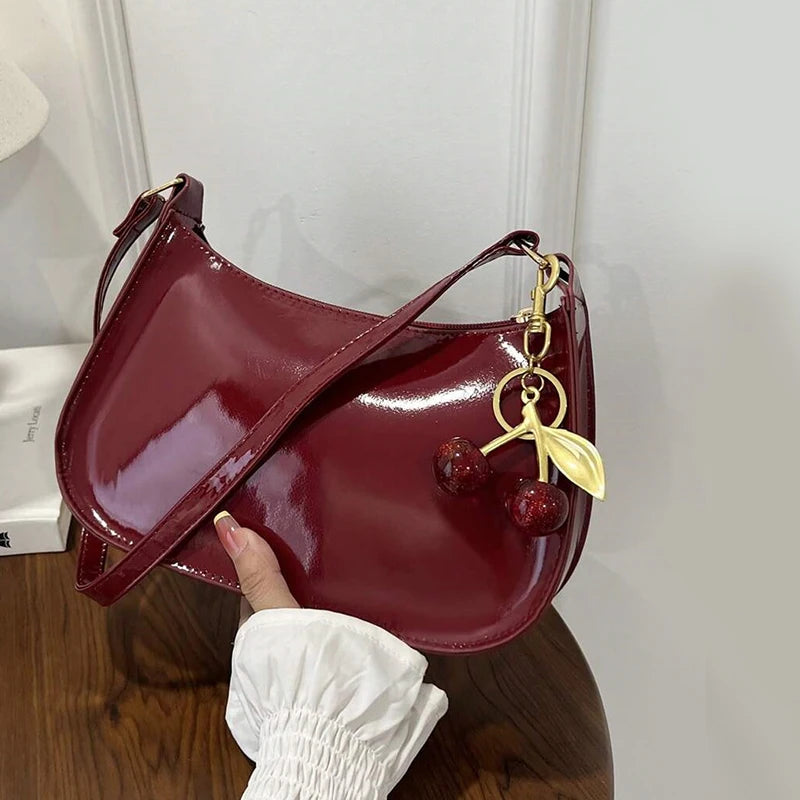 Women's PU Leather Shoulder Bag – Solid Color Handbag with Cherry Pendant
