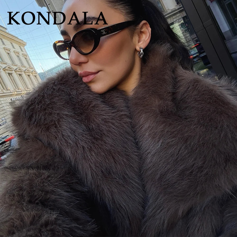 KONDALA  Spring Summer Casual Faux Fur Brown Women Warm Jackets Valentine‘s Day Turn Down Collar Oversized Elegant Coats