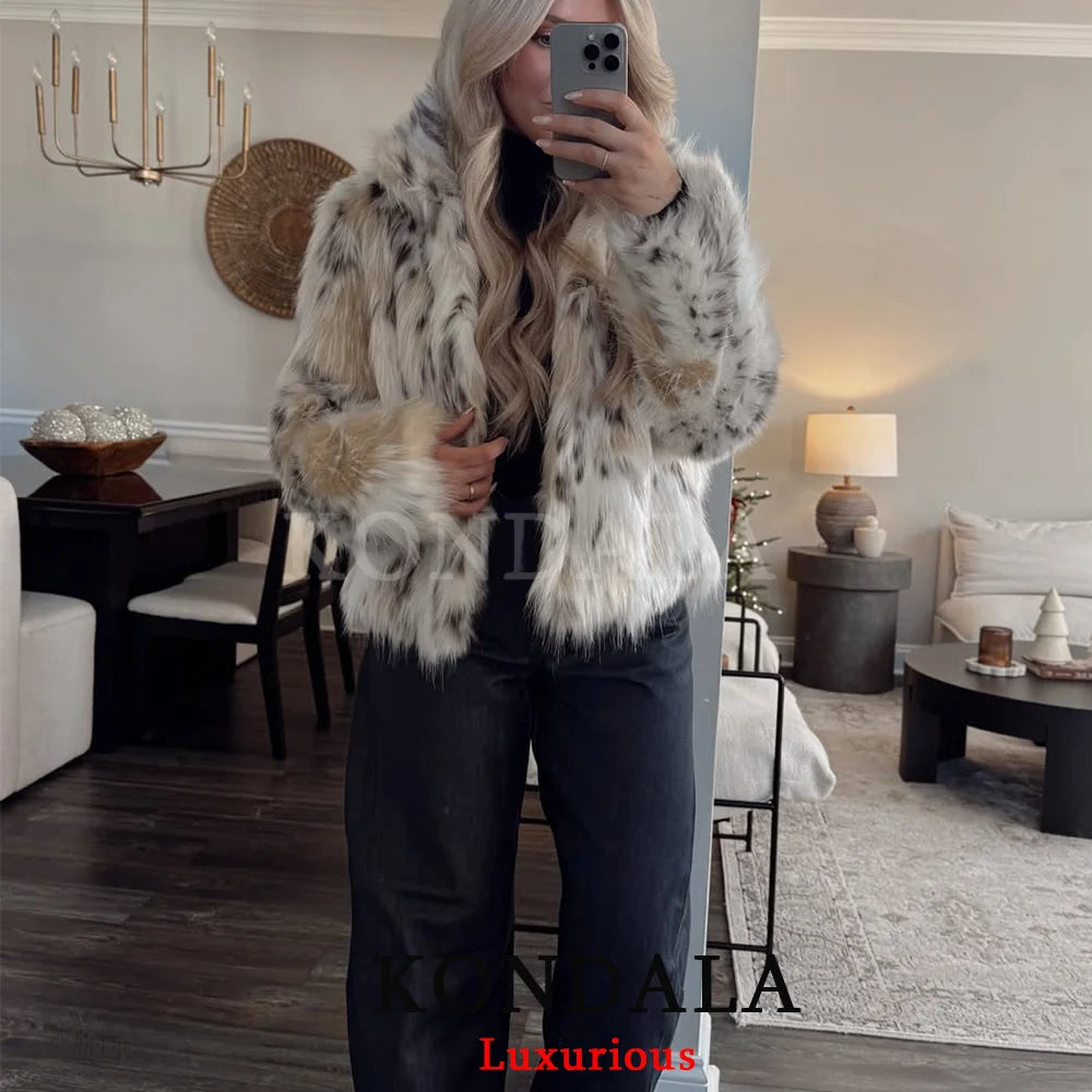 KONDALA Casual Leopard Faux Fur Jackets Women Long Sleeve Buttons Loose Jackets Fashion 2025 Autumn Winter Thick Warm Outwears