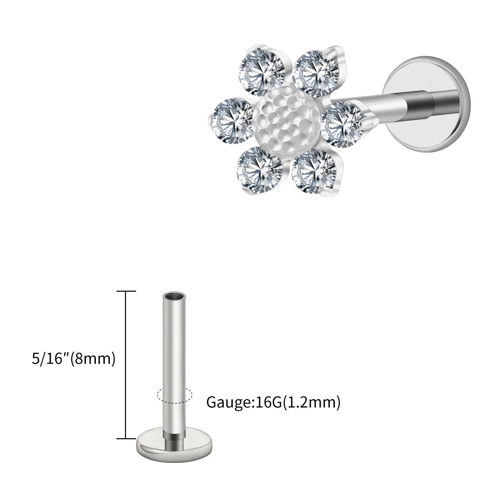 16G Titanium Sunflower Labret Stud – Mini CZ Flower Cartilage Piercing