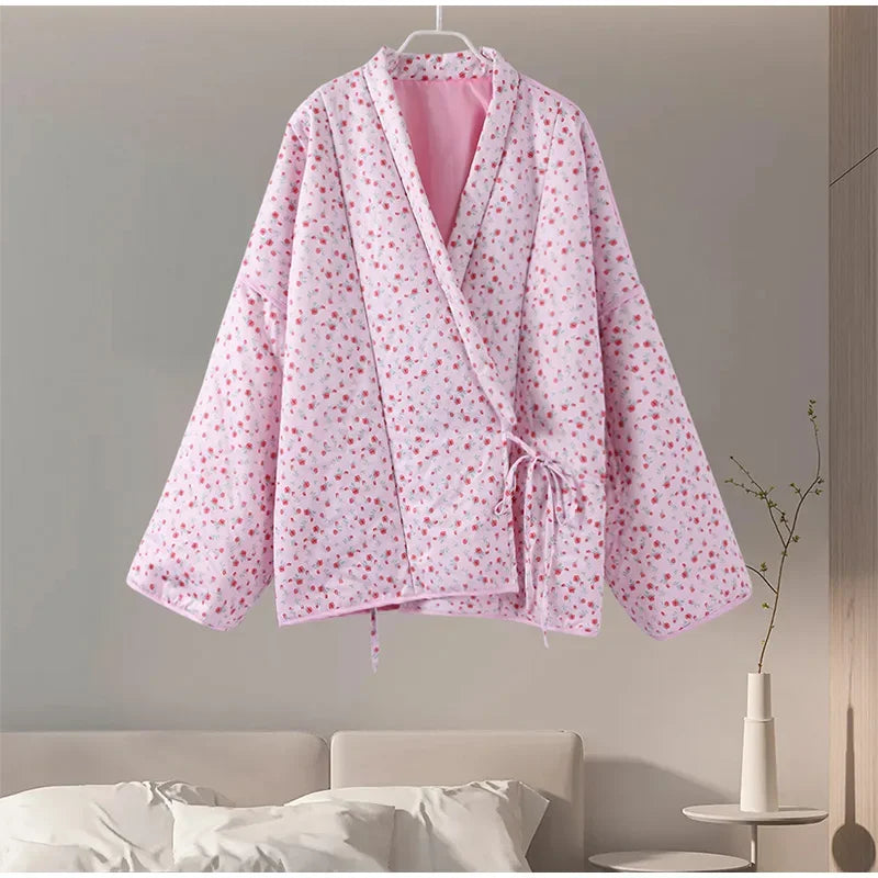 Women’s Floral Print Cardigan – Pink Lace-Up Casual Jacket