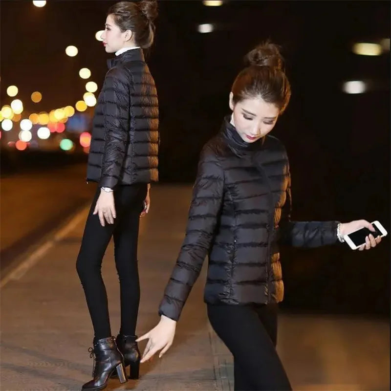 Women’s Short Puffer Jacket – Warm Hooded Coat with Stand-Up Collar