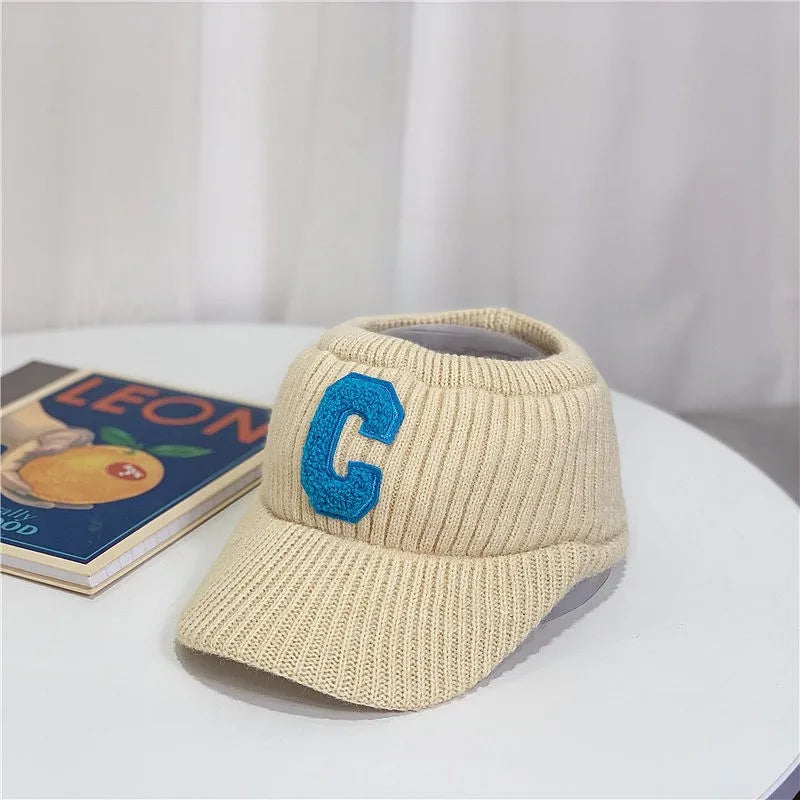 Unisex Knitted Visor Beanie Hat – Striped Winter Cap with Plush Lining