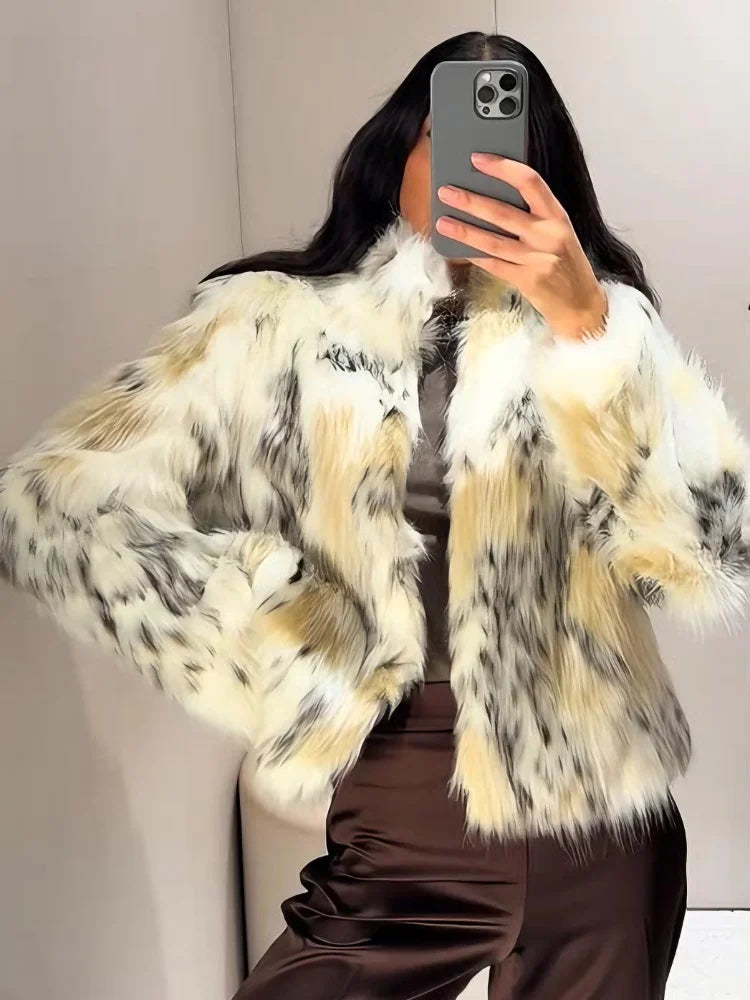 Winter Animal Print Fluffy Faux Fur Coats For Women Chic Thick Warmth Stand Collar Jacket Street Lady Long Sleeve Outerwear