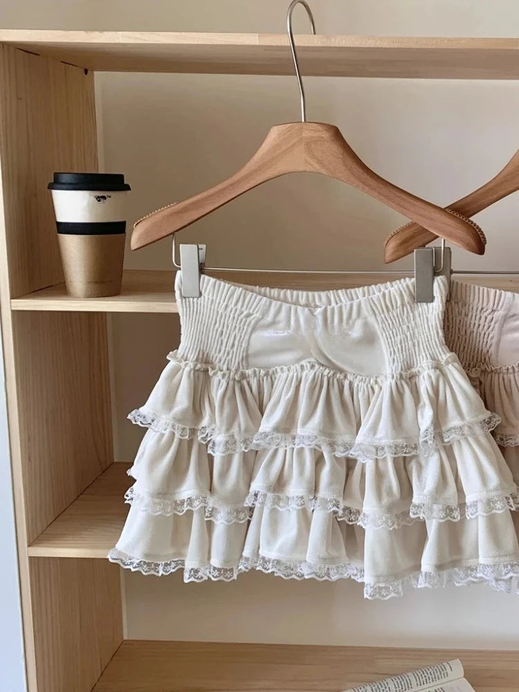 Autumn Winter Korean Fashion Sweet 2 Piece Set Women Off Shoulder Tops+ Fluffy Skirt New Pure Desire Chic Y2k Fairy Outfits 2025