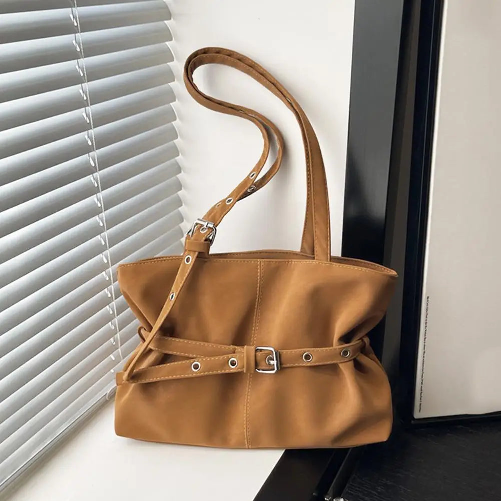 Women's Retro Suede Tote Bag – Large-Capacity Shoulder Handbag with Buckle Closure