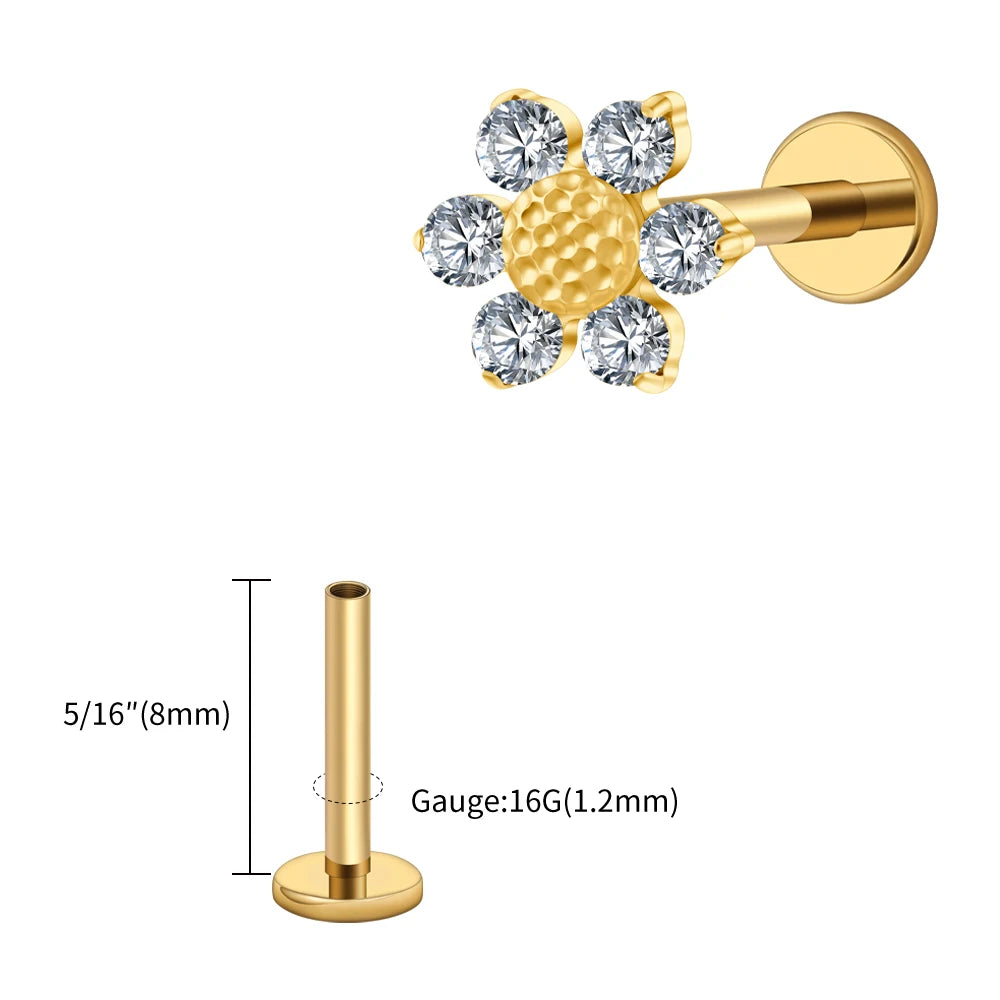 16G Titanium Sunflower Labret Stud – Mini CZ Flower Cartilage Piercing
