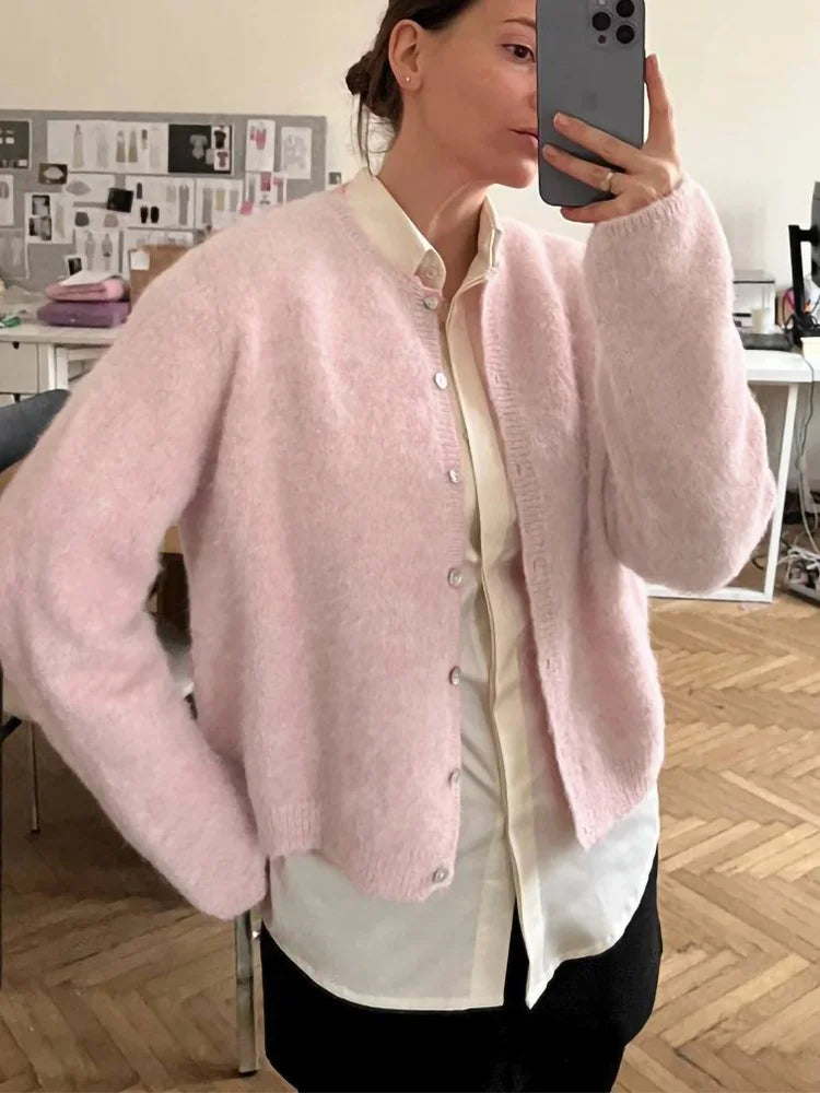 Women’s Fuzzy Knit Cropped Cardigan – Soft Button-Front Long-Sleeve Sweater