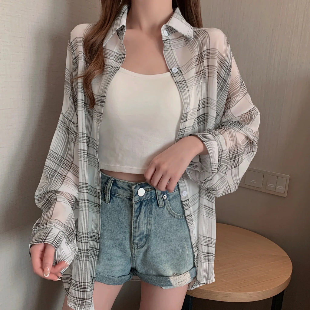 Women’s Sheer Plaid Chiffon Shirt – Oversized Button-Down Casual Blouse