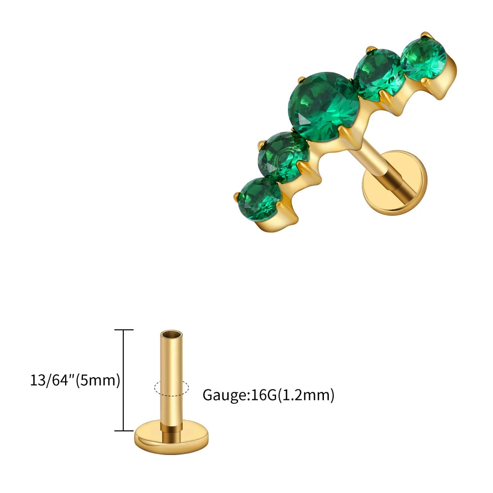 16G Titanium CZ Cluster Labret Stud – Curved Bar Flat Back Cartilage Earring
