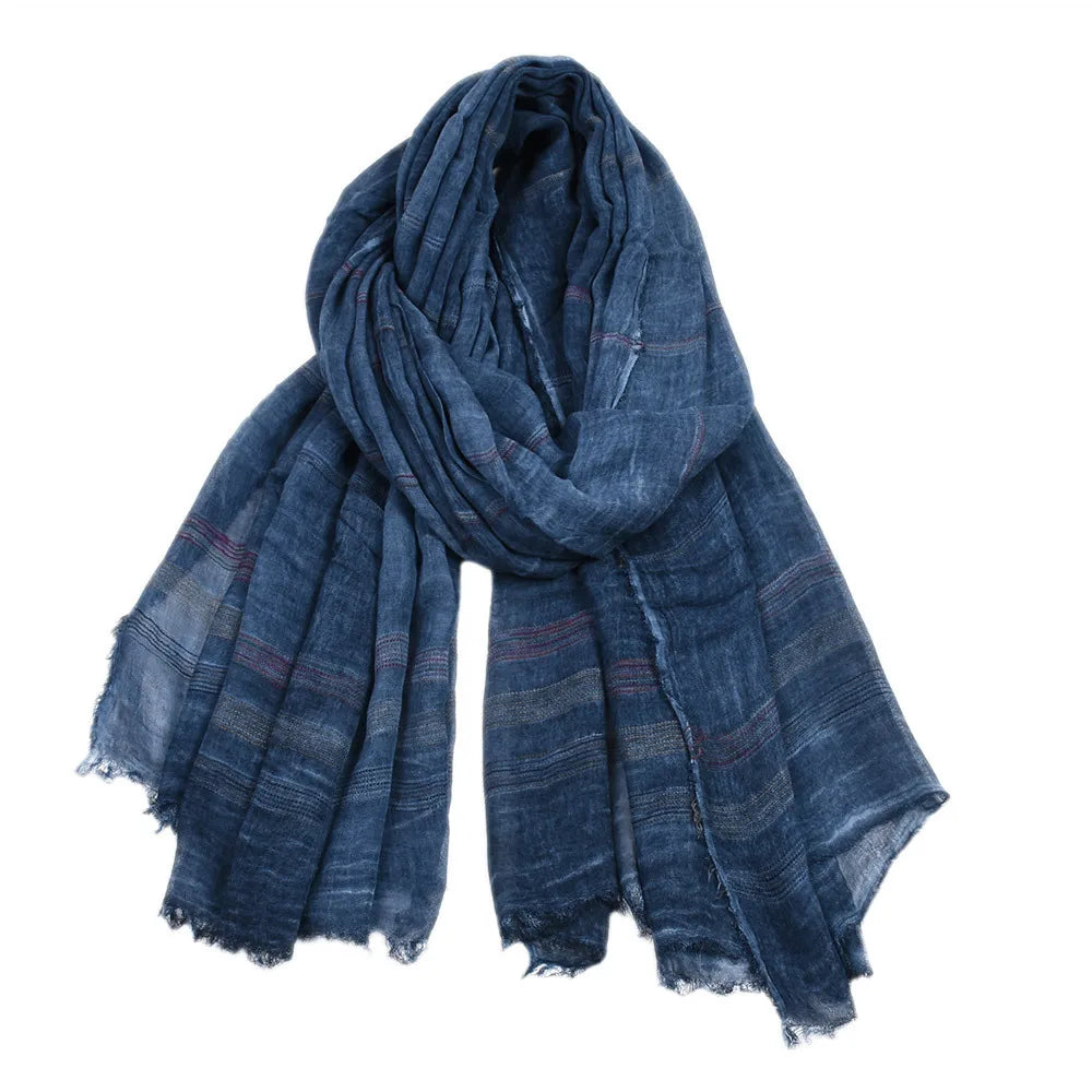 Men's Striped Long Scarf – Cotton-Linen Blend Shawl with Tassel Fringe