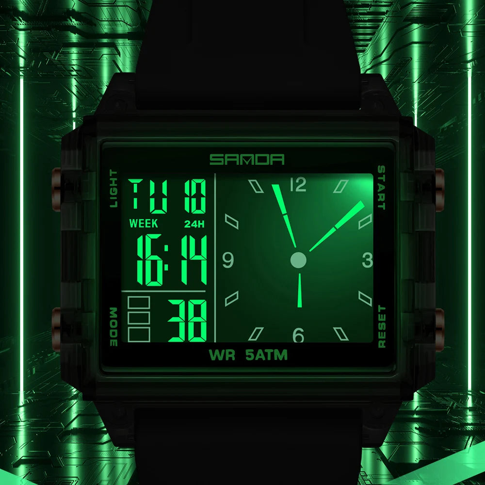 SANDA Fashion Electron Analog Watch for Men Women Waterproof Square Dial Count Down Timer Digital Wristwatch Man World Time