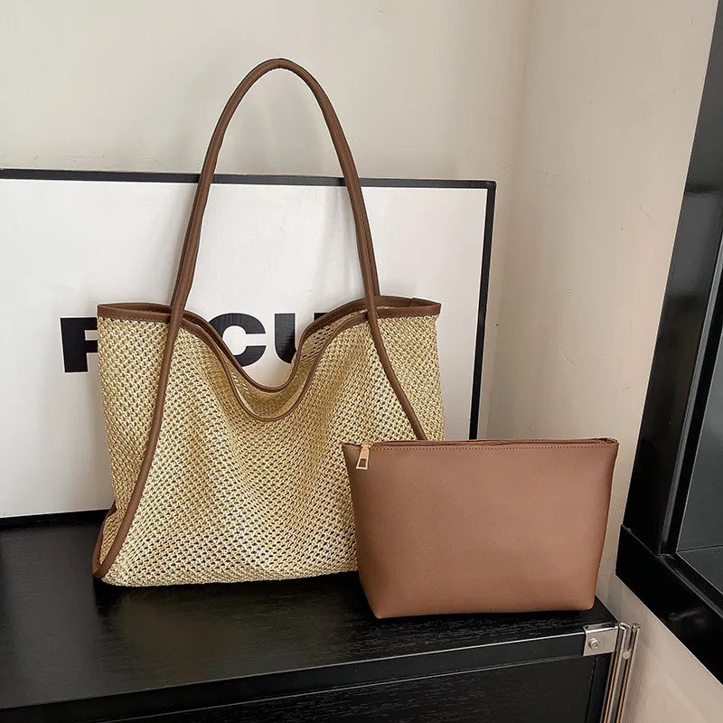 Women Summer Straw Woven Tote Bag with Small Pouch PU Trim Large Capacity Shoulder Handbags, Casual Beach Shopping Handbag Purse