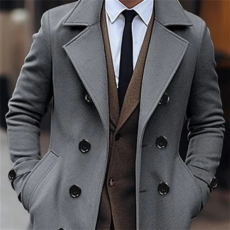 Men's Double-Breasted Wool Blend Overcoat – Long Business Casual Coat, Classic British Style