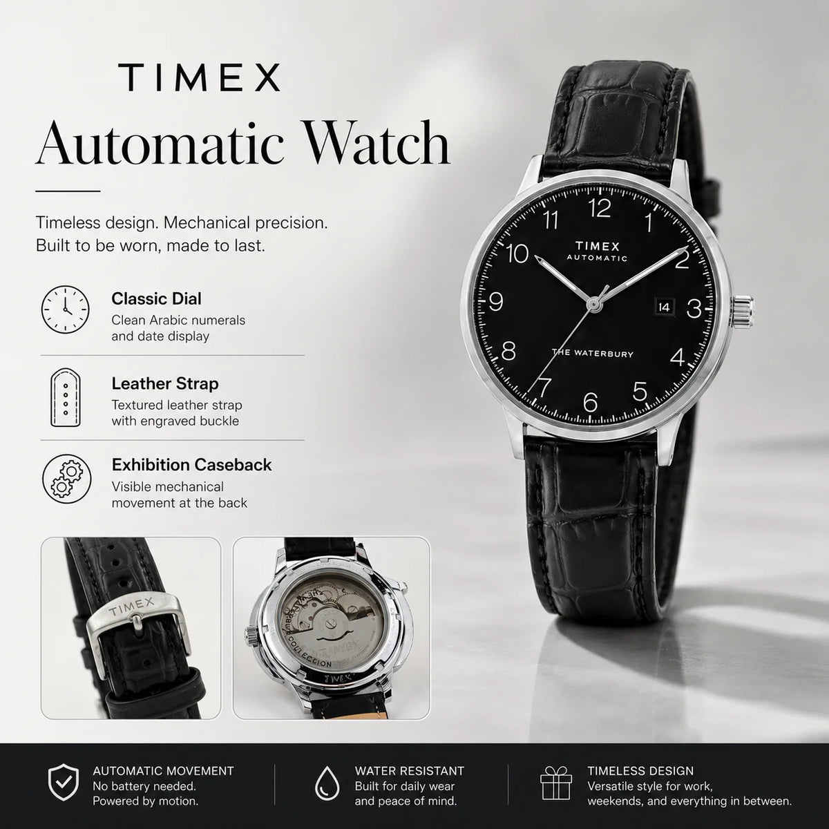 Timex Retro Business Men's Automatic Mechanical Watch, with a Transparent Back Cover and Leather Strap for the Wrist.