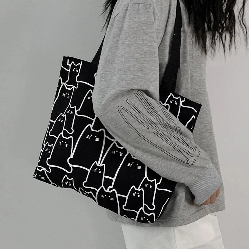 Women's Canvas Cat Tote Bag – Cute Japanese-Style Shoulder Bag with Zipper