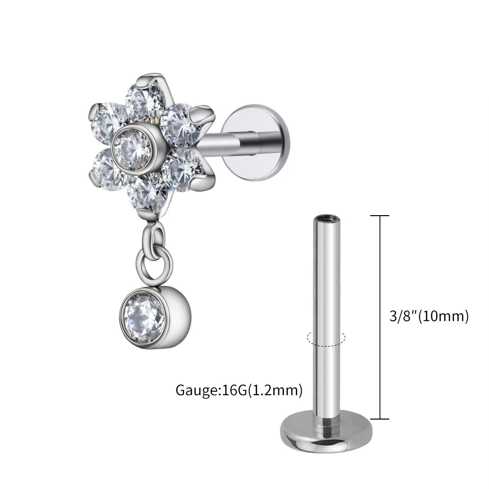 16G Titanium Flower CZ Drop Labret – Dangle Flat Back Piercing Earring