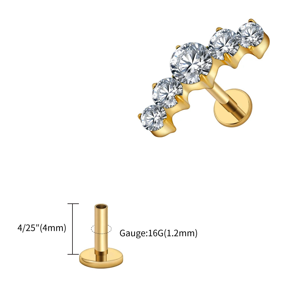 16G Titanium CZ Cluster Labret Stud – Curved Bar Flat Back Cartilage Earring