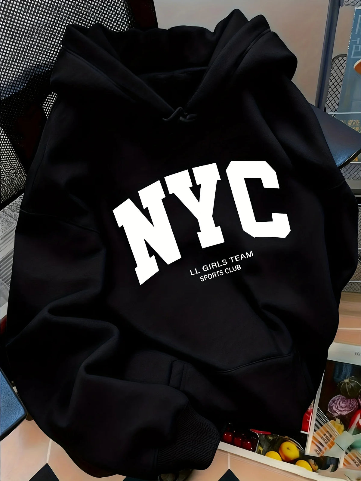 Women’s Oversized Hooded Sweatshirt – Suede-Look Letter Print Pullover