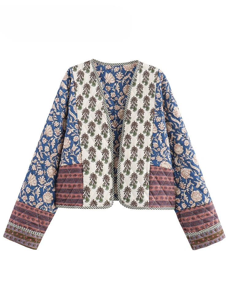 Vintage Women's Print Patchwork Cotton Jacket  Quilted Long Sleeve Loose Short Warm Coat Autumn Winter Female Outwear