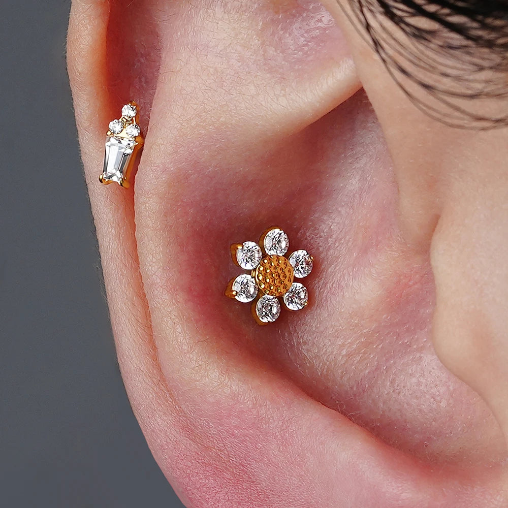 16G Titanium Sunflower Labret Stud – Mini CZ Flower Cartilage Piercing