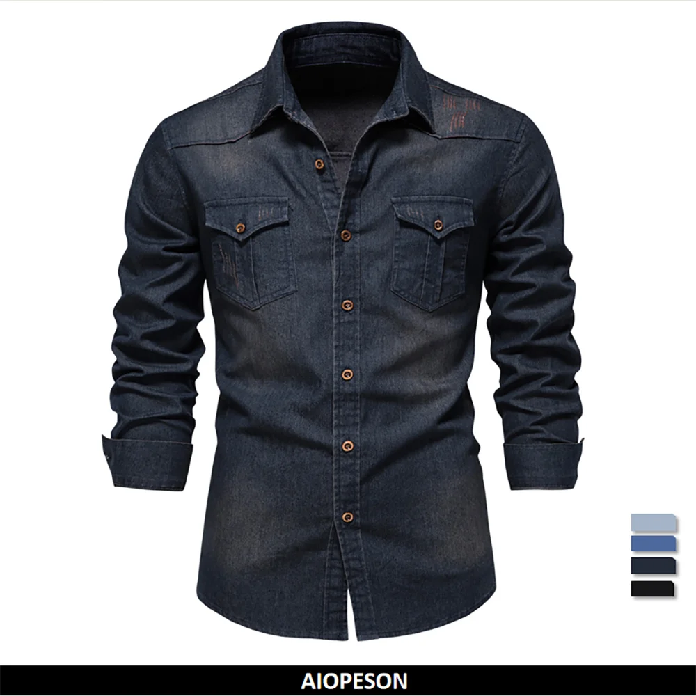 AIOPESON Men's Slim Fit Stretch Denim Shirt – Long Sleeve Cotton Cowboy Shirt