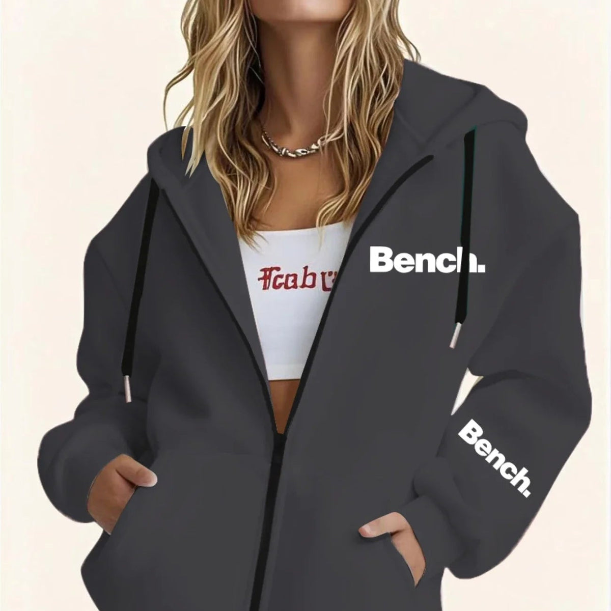 Women's Grey Zip-Up Hoodie – Y2K Casual Jacket with Pockets, Long Sleeve Sweatshirt