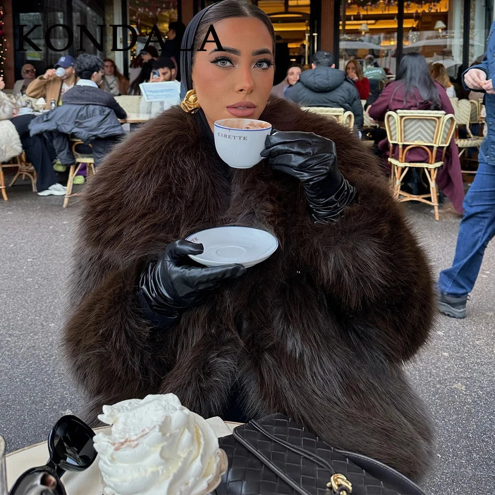 KONDALA  Spring Summer Casual Faux Fur Brown Women Warm Jackets Valentine‘s Day Turn Down Collar Oversized Elegant Coats