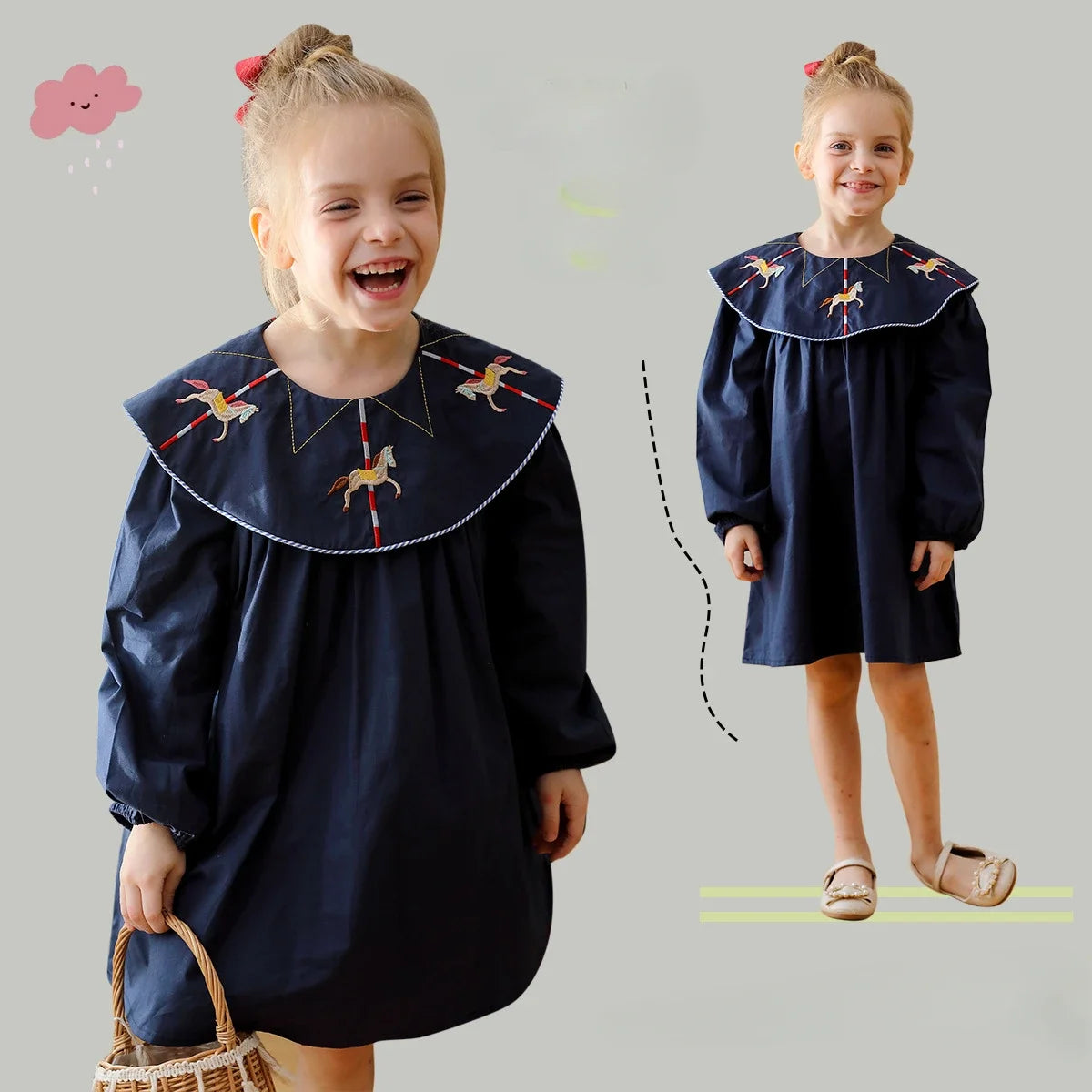 2025 Autumn Carousel Embroidery Lapel Long Sleeved Girls' Dress Clothing Spring Campus Navy Style Children's Pure Cotton Dress